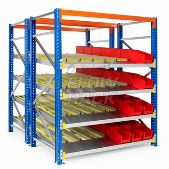 Flow shelves for pallet racks double depth