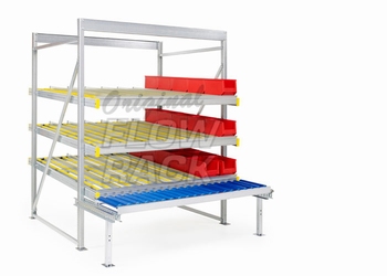 Flow rack with roller conveyor and 3 levels