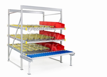 Flow rack with roller conveyor and 3 levels