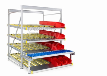 Flow rack with roller conveyor and 4 levels