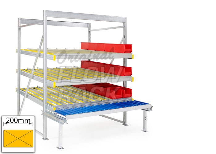 Flow rack with roller conveyor and 3 levels