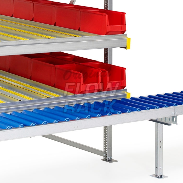 Flow rack with roller conveyor and 3 levels