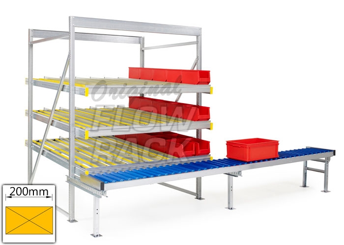 Flow rack with roller conveyor and 3 levels