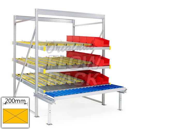 Flow rack with roller conveyor and 3 levels