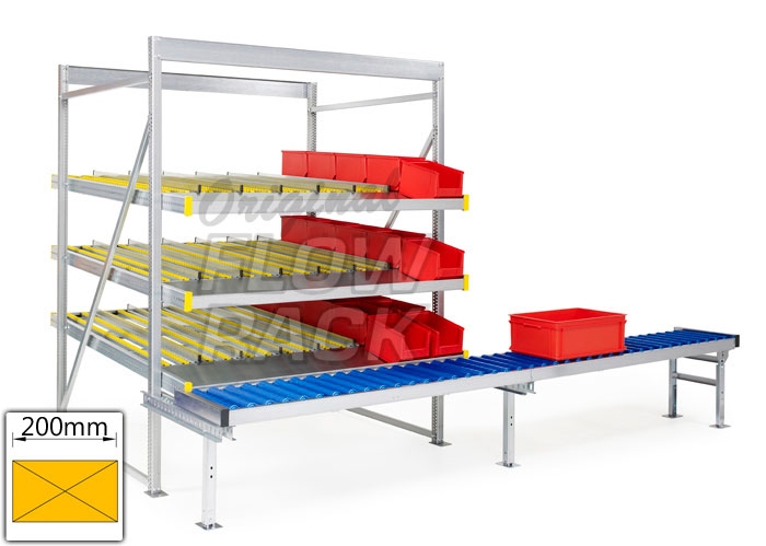 Flow rack with roller conveyor and 3 levels