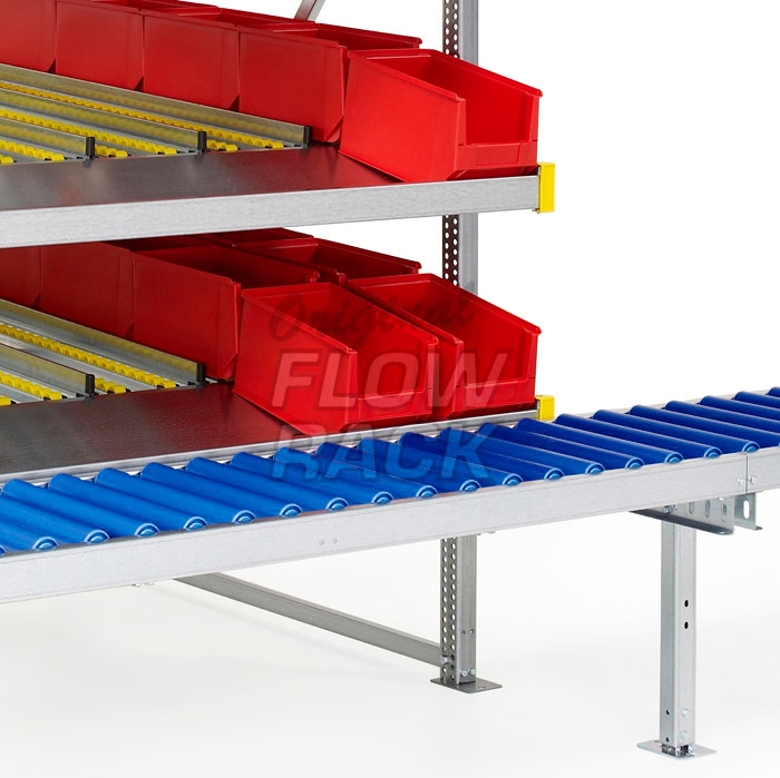 Flow rack with roller conveyor and 3 levels