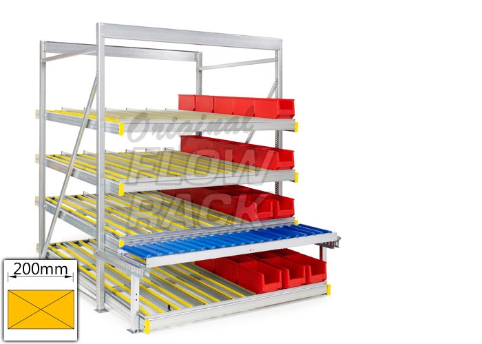 Flow rack with roller conveyor and 4 levels