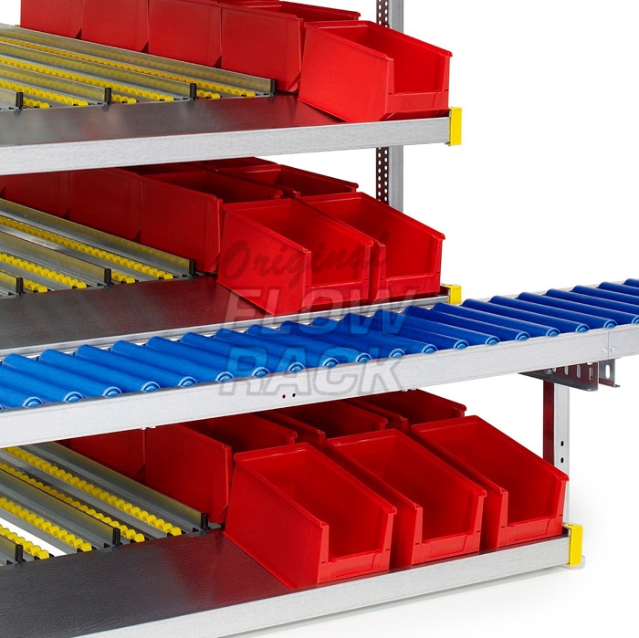 Flow rack with roller conveyor and 4 levels