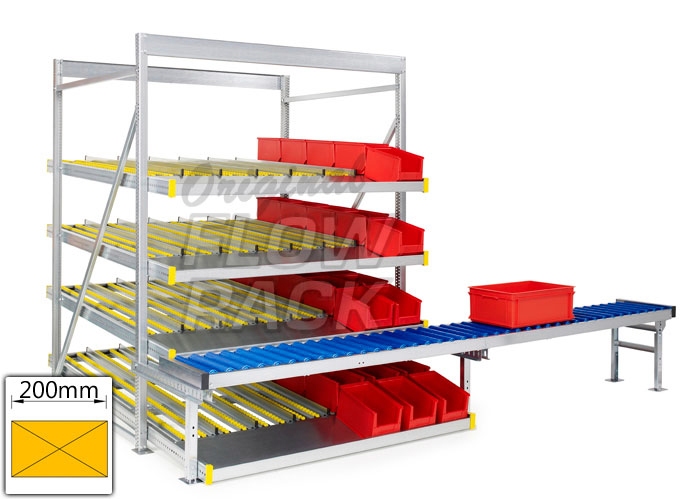 Flow rack with roller conveyor and 4 levels