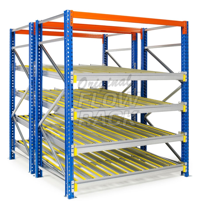 Flow shelves for pallet racks double depth