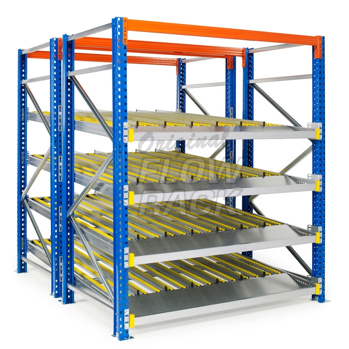 Flow shelves for pallet racks double depth